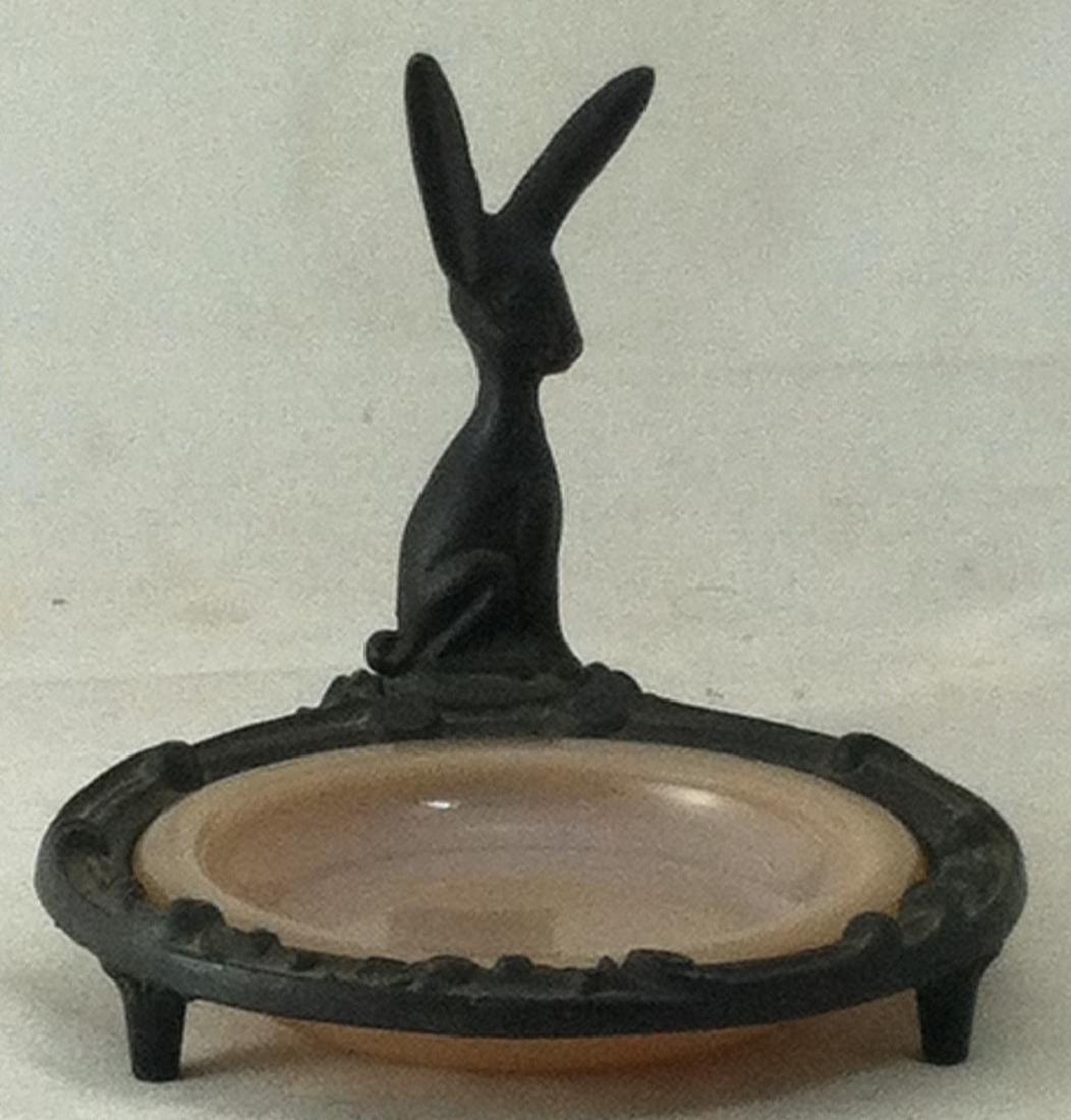 Antique Art Deco Bronzed Metal Ring Tray + Rabbit: Sweet metal dresser tray has a dark green-bronze finish. Has a very cute Art-Deco cartoonish stylized rabbit to guard over the valuables. . Unsigned/unmarked. From front to back it is 5 1/4". 4 1/4" a