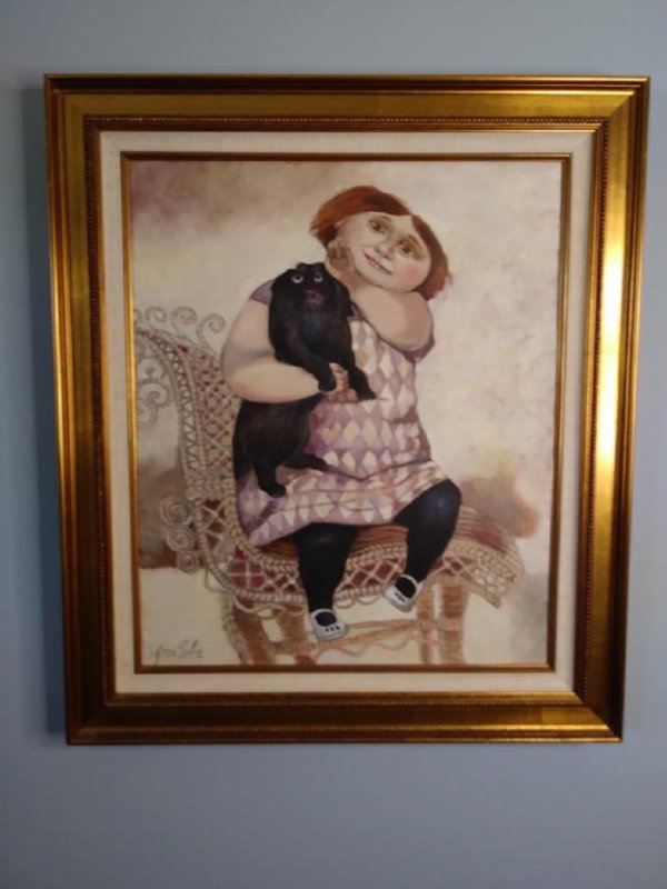 Joan Erbe "Cat" Original painting: 30x26 inches Framed Joan Erbe Udel was a Baltimore painter and sculptor. She was best known for using bright colors and was called "The Grand Duchess of Baltimore Painters" by Ned Oldham as quoted by 