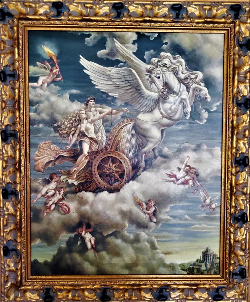 Lauri Blank Chariot to Heaven Oil on Canvas: Chariot to Heaven Oil on Canvas 32" x 32" Exquisitely Framed was a work commissioned by the wife of our consignor, which subsequently hung on the walls of their 200 foot yacht