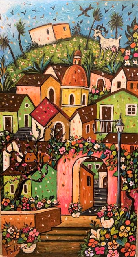 Henry Faulkner Oil on Board: Henry Faulkner. (1924-1981). Oil on board. Brightly colored vertical village with goat. Goat and signature verso. Size: 28 x 15
