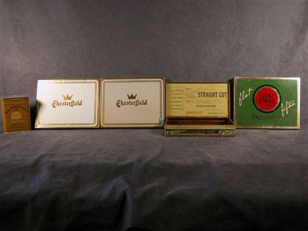 LOT OF 5 CIGARETTE TINS LUCKY STRIKE, SOMERS BROS: LOT OF FIVE CIGARETTE TINS 2 DIFFERENT CHESTERFIELD, 1 LUCKY STRIKE, FLAT 50'S, RICHMOND STRAIGHT CUT NO. 1 CIGARETTES 50 SOMERS BROS SQUARE CORNER TIN, TOP IS FLAKING, PHOTO SHOWS TIN OPEN 5.5"X3"X1"