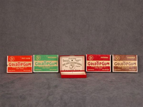 LOT OF 5 OLD GOLD TIP GUM BOXES 10 STICKS 5 CENTS: GROUP OF FIVE OLD GOLD TIP GUM BOXES, 3.25"X0.5"X2.25", TWO PEPPERMINT, ONE WINTERGREEN, ONE CINNAMON, ONE FRUIT FLAVORED. STERLING MINT CO. NEW YORK, HAD 10 STICKS CIGARETTE FORM FOR 5 CENTS. EX