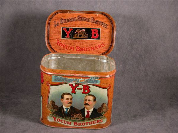 Y-B YOCUM BROS CIGAR TIN CONCHAS ESPECIAL: Y-B, YOCUM BROTHERS QUALITY CIGARS 6.25"X5.5"X4.25" CIGAR TIN. "CONCHAS ESPECIAL SIZE 10CENT STRAIGHT" ON SIDE FACTORY 103 1ST DIST. PA. EX