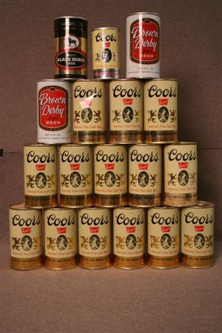 LOT OF 18 COLLECTOR BEER CANS: 18 COLLECTOR BEER CANS 14 EMPTY FLAT TOP STEEL COORS CANS, 2 EMPTY PULL TAB BROWN DERBY, 1 EMPTY BLACK HORSE ALE, AND 1 MINI COORS CAN WITH GOLF BALLS INSIDE UNOPENED.