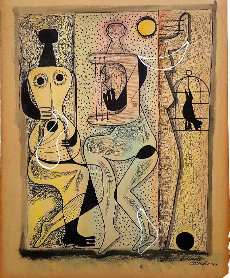 Mixed media on paper - Mario Carreno: Mixed media on paper - Mario Carreno, 14 x 11 in. Framed