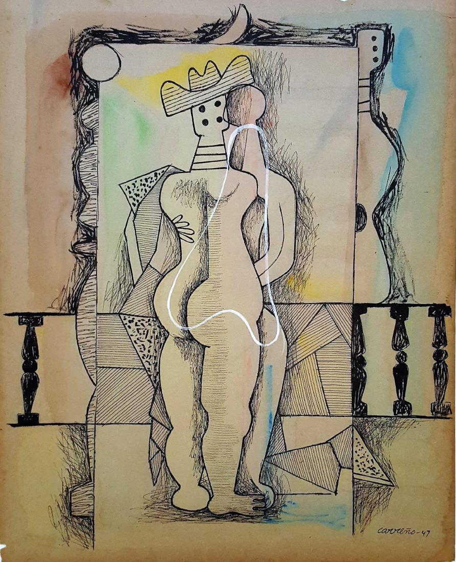 Mario CARREÃ‘O mixed media on paper: Mario CARREÃ‘O mixed media on paper, 13 x 10.5/8 in. Dated 1947. Framed.