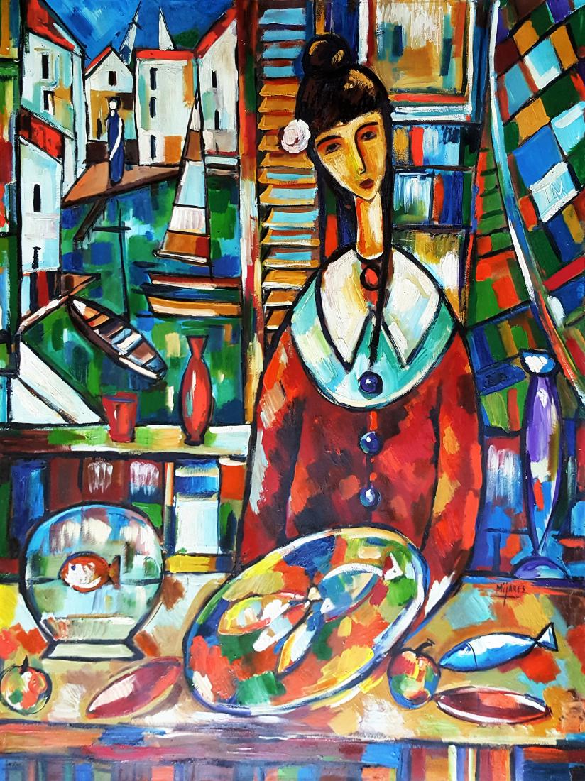 JosÃ© Mijares (1921-2004). Cuba. Original.: Mixed media on wood (masonite), 40 x 30 in. Signed on bottom right. Framed. Private collection. COA.