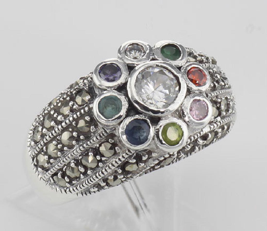 Beautiful Multi-Stone Marcasite Ring - Sterling Silver: Beautiful Multi-Stone Marcasite Ring - Sterling Silver **|**|** #R-411 Sterling Silver Multi-Stone Marcasite Ring with Cubic Zirconia Center. Metal : Sterling Silver | Stone : Marcasite, Multi Color C