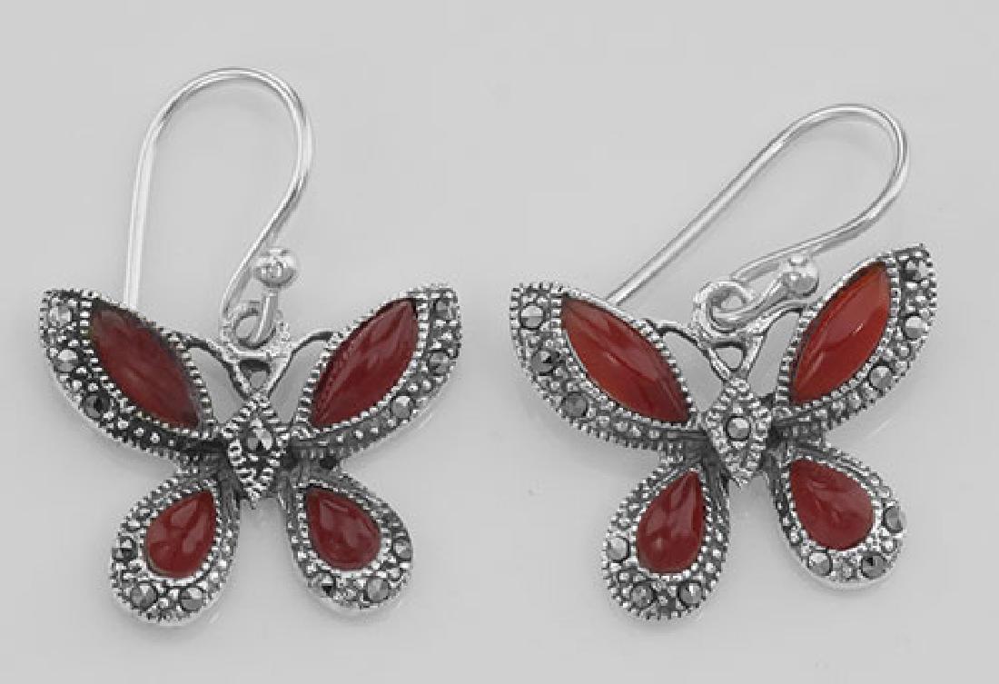 Red Carnelian Marcasite Butterfly Earrings Sterling Sil: Red Carnelian Marcasite Butterfly Earrings Sterling Silver **|**|** #E-258 Cute Sterling Silver Red Carnelian Marcasite Butterfly Earrings measure approx. 3/4 inch W x 5/8 inch H. not including the fr