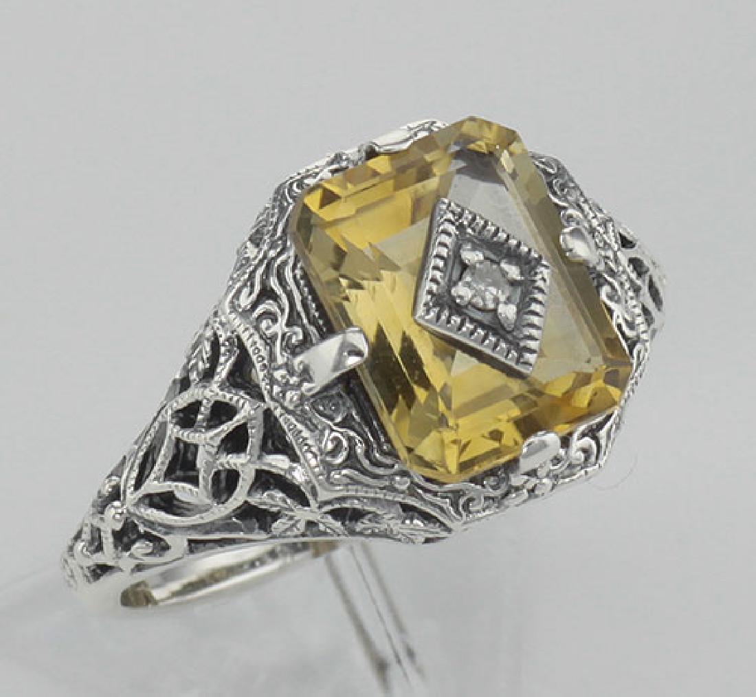 Antique Victorian Style Golden Citrine Filigree Diamond: Antique Victorian Style Golden Citrine Filigree Diamond Ring Sterling Silver **|**|** #FR-200-C This remarkable Antique Victorian Style Genuine Citrine filigree ring, with an inset diamond, is handcra