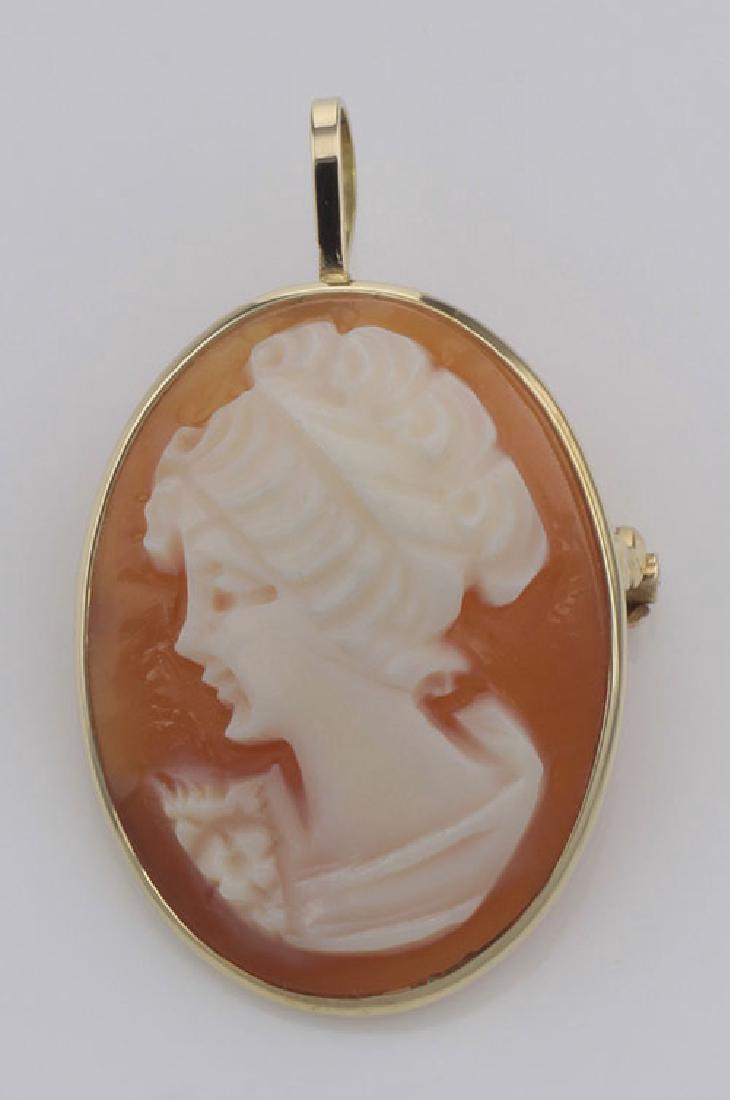 14kt Yellow Gold Hand Carved Italian Cameo Pin / Pendan: 14kt Yellow Gold Hand Carved Italian Cameo Pin / Pendant **|**|** #IC-P107 14kt Hand Carved Italian Cameo Pin / Pendant - The pendant loop is on a hinge and can be positioned up or down depending on w