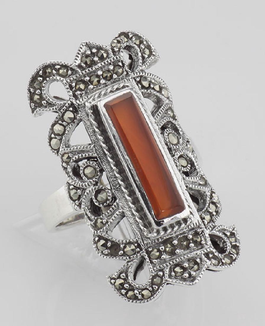 Antique Style Red Carnelian and Marcasite Ring - Sterli: Antique Style Red Carnelian and Marcasite Ring - Sterling Silver **|**|** #R-404 Sterling Silver Genuine Red Carnelian Rectangular Ring with Marcasite. This ring is new and a quality sterling silver a