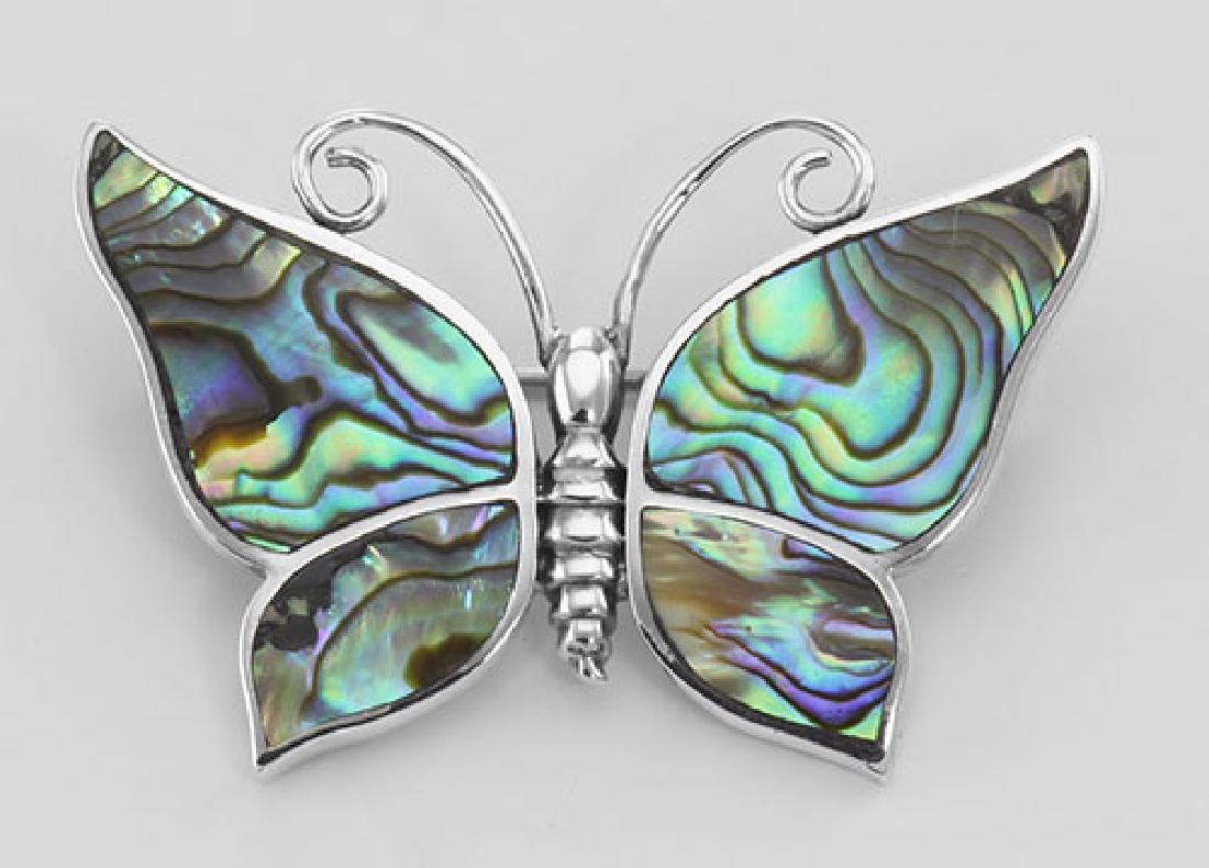 Abalone Shell Butterfly Pin / Brooch - Sterling Silver: Abalone Shell Butterfly Pin / Brooch - Sterling Silver **|**|** #P-3058 Metal : Sterling Silver | Stone : Abalone Shell | Shape : Butterfly | Style : Pin | Height : 1 1/8 inches | Width : 1 3/4 inches