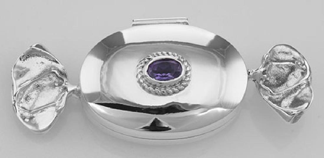 Antique Style Amethyst Sterling Silver Candy Pillbox: Antique Style Amethyst Sterling Silver Candy Pillbox **|**|** #X-9115-AM This sterling silver candy Pillbox / Pill Box - A clever design makes this pillbox easy to open. This pill box is nicely sized.