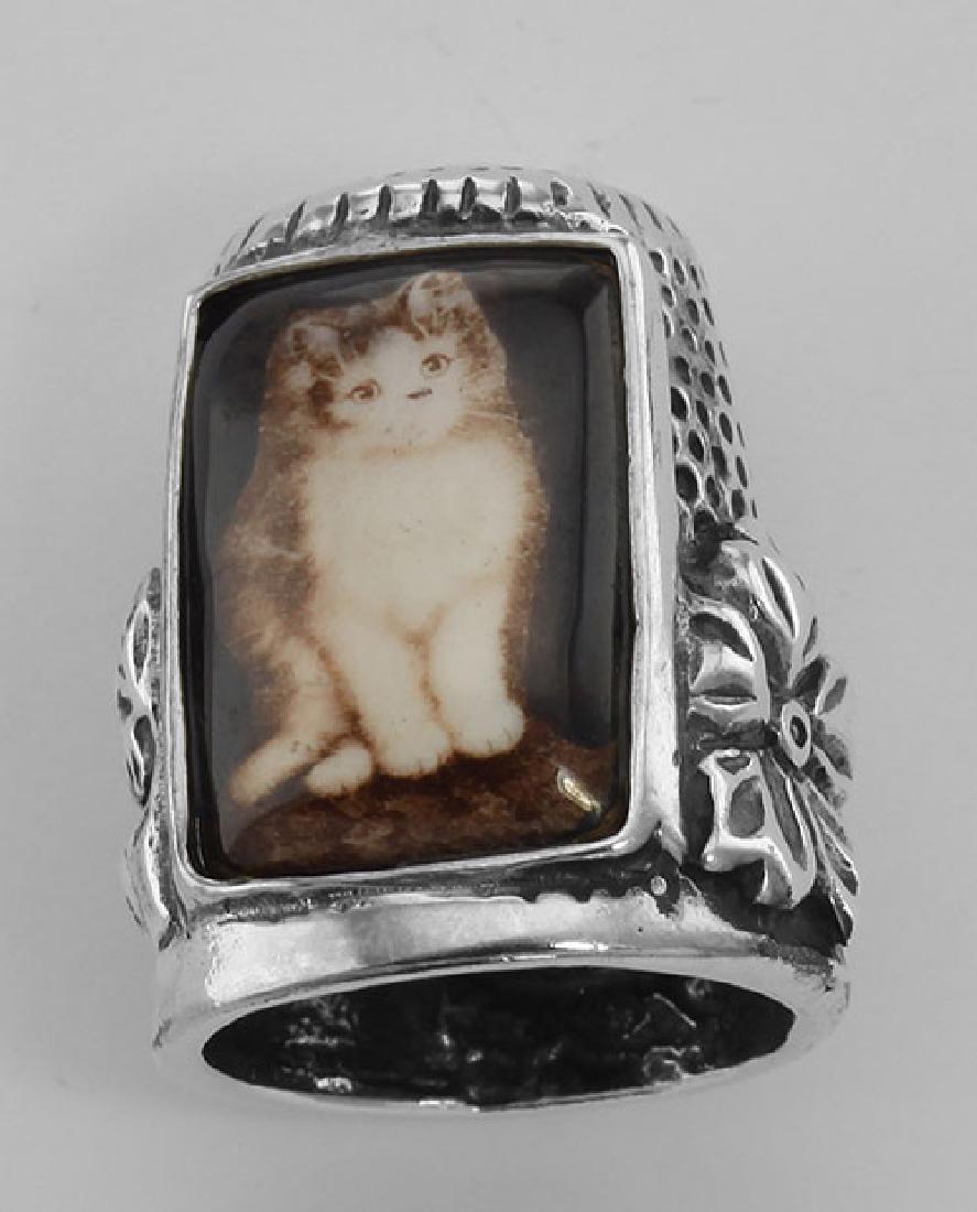 Cute Porcelain Cat / Kitty / Kitten Sewing Thimble - St: Cute Porcelain Cat / Kitty / Kitten Sewing Thimble - Sterling Silver **|**|** #TH-1502 Cute Sterling Silver Cat / Kitty / Kitten Sewing Thimble w/ Porcelain Cat. This item is new and a quality sterlin