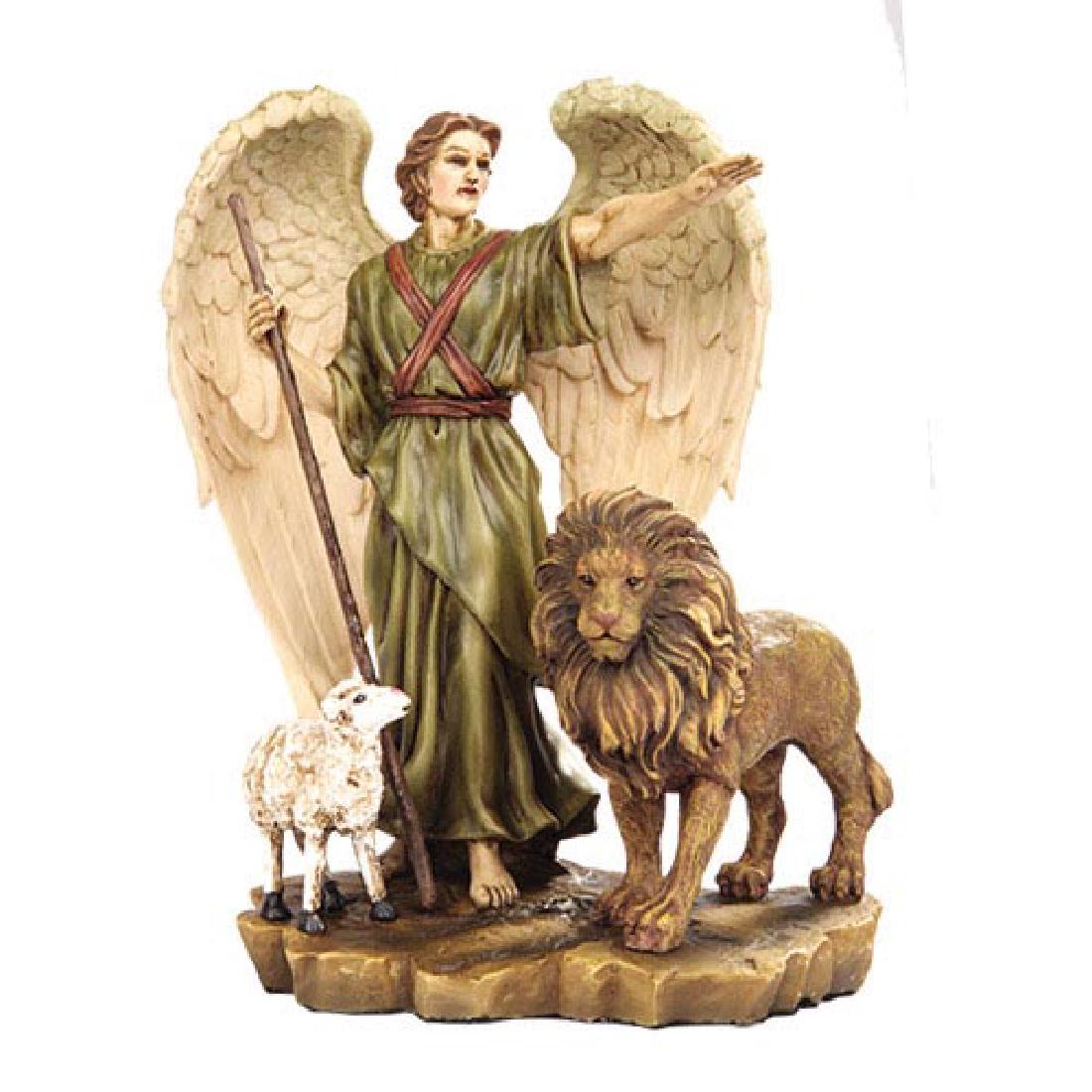 HAND PAINTED RESIN GUARDIAN ANGEL WITH LION AND LAMB 6: HAND PAINTED RESIN GUARDIAN ANGEL WITH LION AND LAMB 6 1/2" x 4 1/4" x 8 1/2" **|**|** HAND PAINTED RESIN GUARDIAN ANGEL WITH LION AND LAMB 6 1/2" x 4 1/4" x 8 1/2" #IRS14560