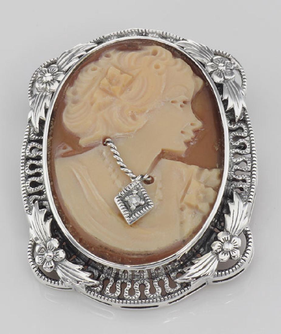 Victorian Floral Style Cameo Pin or Pendant with Diamon: Victorian Floral Style Cameo Pin or Pendant with Diamond - Sterling Silver **|**|** #FPN-200 This is a fine Italian handcarved shell cameo with genuine diamond necklace set in a beautiful Victorian st