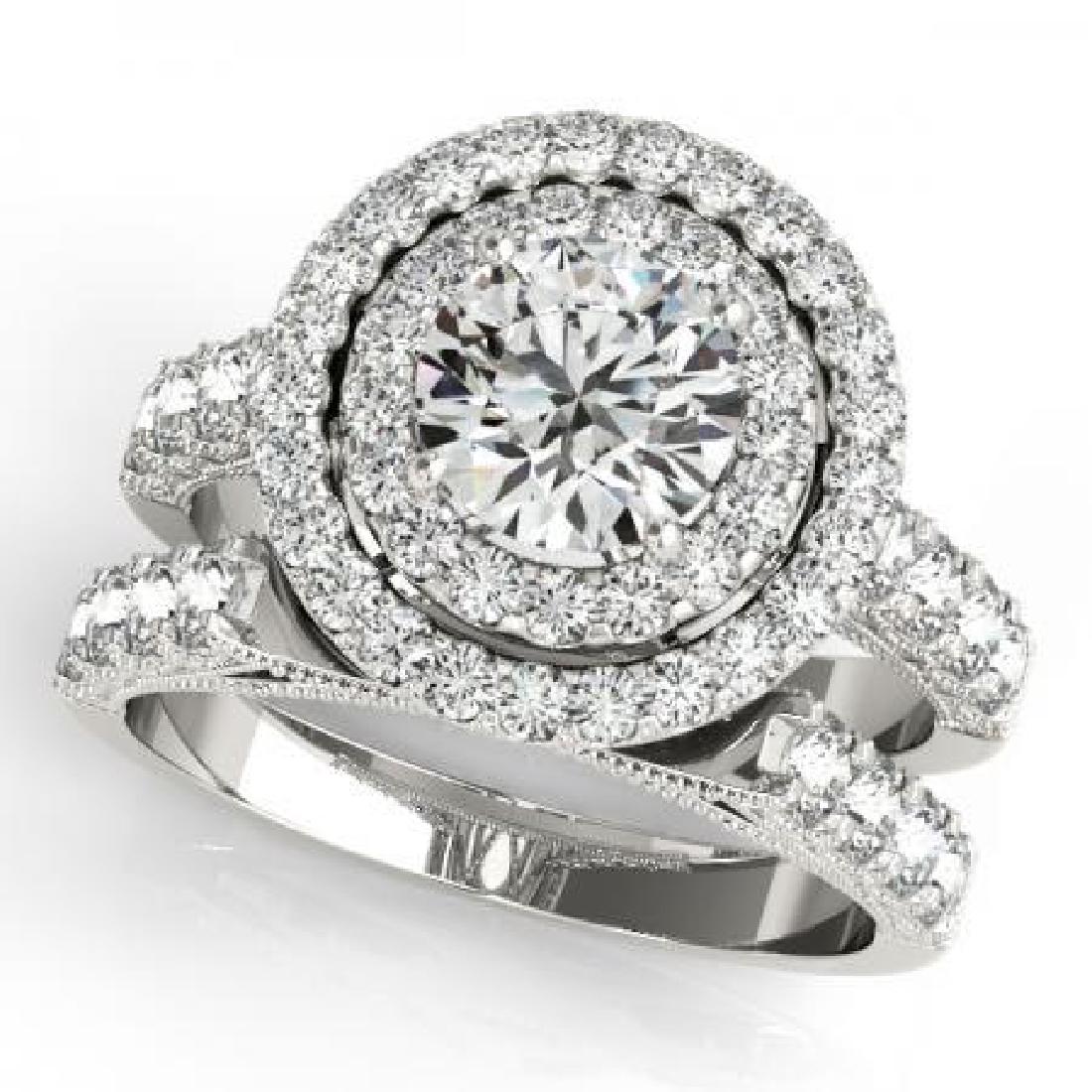 14KT White Gold 3 ct Halo Engagement & Wedding Ring Set: 14KT White Gold 3 ct Halo Engagement & Wedding Ring Set with G-H color and I1-/I2+ clarity diamonds. **|**|** 14KT White Gold 3 ct Halo Engagement & Wedding Ring Set with G-H color and I1-/I2+ clarity