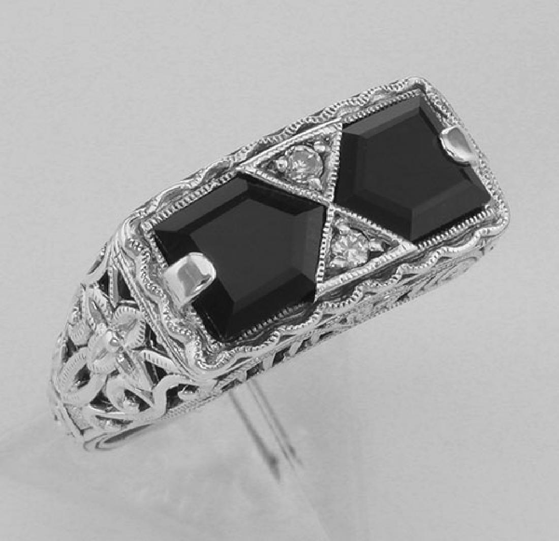 Art Deco Style Black Onyx Filigree Ring with 2 diamonds: Art Deco Style Black Onyx Filigree Ring with 2 diamonds - Sterling Silver **|**|** #FR-475-O This Art Deco Style Black Onyx Filigree Ring with Diamond ring is handcrafted and finished in intricate ste