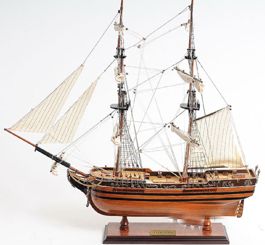 HAND MADE WOODEN ELCAZADOR Ship W/COA: HAND MADE WOODEN ELCAZADOR Ship W/COA **|**|** Dimensions: 40 L x 16W x 52H (cm). Description: All handmade out of mahogany by master craftsmen. History: On January 11 1784 El Cazador sailed from Vera