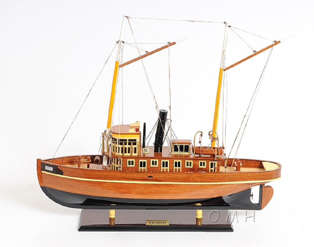 HAND MADE WOODEN Seguin SHIP W/COA: HAND MADE WOODEN Seguin SHIP W/COA **|**|** DIMENSIONS 66L X 15W X 58H. This is a great model of Seguin tug boat. It was all handmade by strips of mahogany and teak. All built plank on frame. Look at 