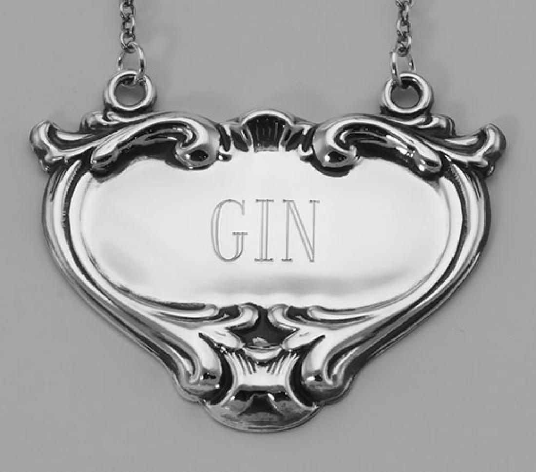 Gin Liquor Decanter Label / Tag - Sterling Silver: Gin Liquor Decanter Label / Tag - Sterling Silver **|**|** #LL-704 Sterling Silver Gin Liquor Decanter Label / Tag - This Gin Bottle Ticket measures approx. 1 7/8 inches W x 1 1/2 inches H. The chain 