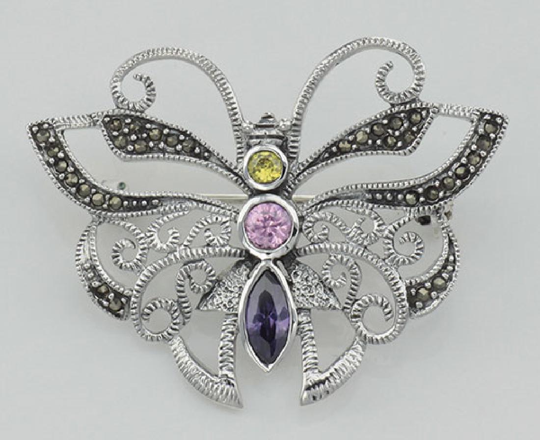 Marcasite Butterfly Pin with Gemstones - Sterling Silve: Marcasite Butterfly Pin with Gemstones - Sterling Silver **|**|** #P-170 Metal : Sterling Silver | Stone : Marcasite Citrine Rose Quartz Amethyst | Shape : Butterfly | Style : Pin | Height : 1 1/4 inc
