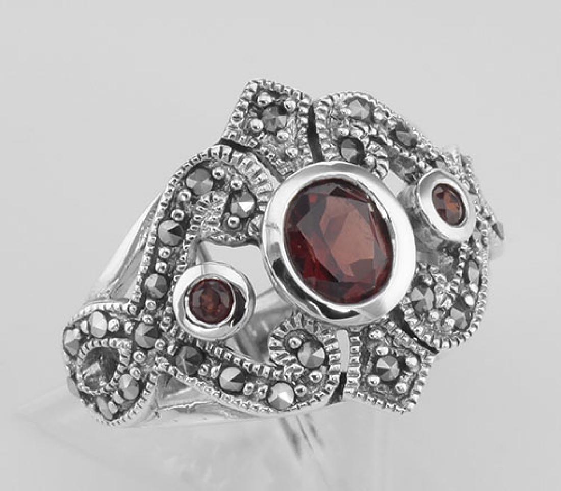 Antique Style Genuine Red Garnet and Marcasite Ring - S: Antique Style Genuine Red Garnet and Marcasite Ring - Sterling Silver **|**|** #R-382 Antique Style Sterling Silver Garnet Ring with Marcasite. This ring features 3 Garnets surrounded by Marcasites th