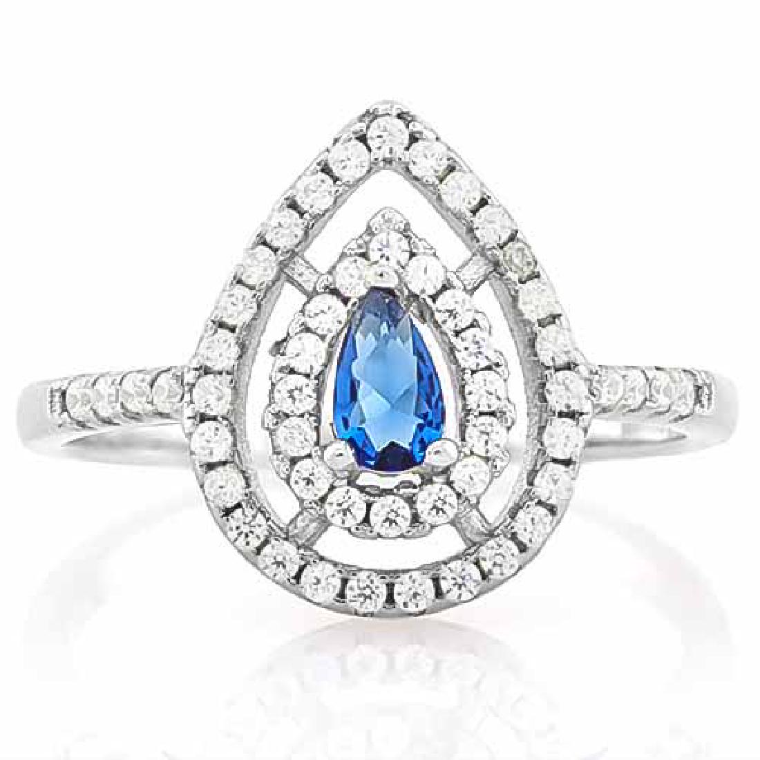 1/3 CARAT CREATED BLUE SAPPHIRE & 5 1/3 CARAT (53 PCS): 1/3 CARAT CREATED BLUE SAPPHIRE & 5 1/3 CARAT (53 PCS) FLAWLESS CREATED DIAMOND 925 STERLING SILVER HALO RING **|**|** 1/3 CARAT CREATED BLUE SAPPHIRE & 5 1/3 CARAT (53 PCS) FLAWLESS CREATED DIAMOND 9