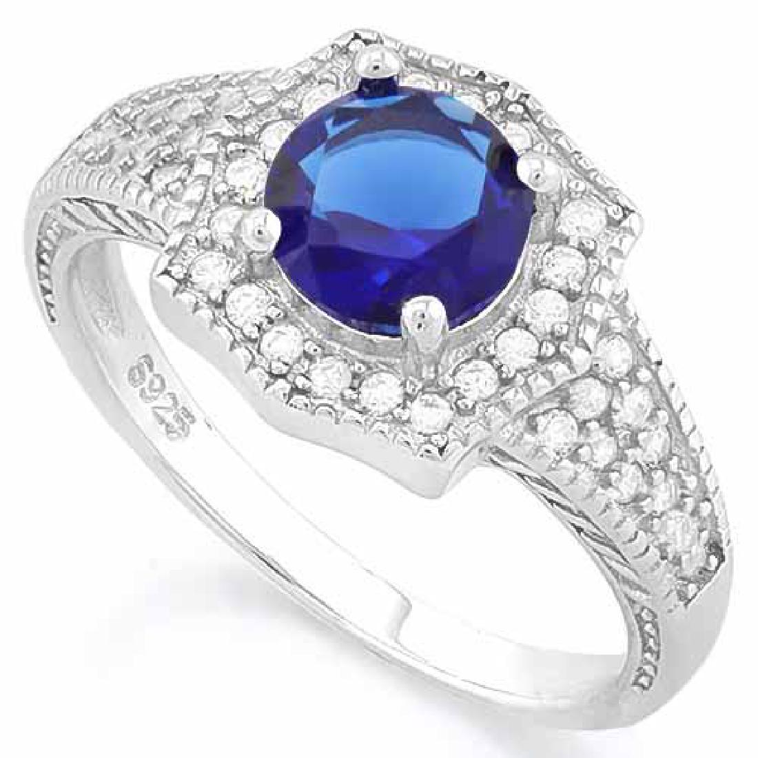 1 1/5 CARAT CREATED BLUE SAPPHIRE & 2/5 CARAT (40 PCS): 1 1/5 CARAT CREATED BLUE SAPPHIRE & 2/5 CARAT (40 PCS) FLAWLESS CREATED DIAMOND 925 STERLING SILVER HALO RING **|**|** 1 1/5 CARAT CREATED BLUE SAPPHIRE & 2/5 CARAT (40 PCS) FLAWLESS CREATED DIAMOND 9