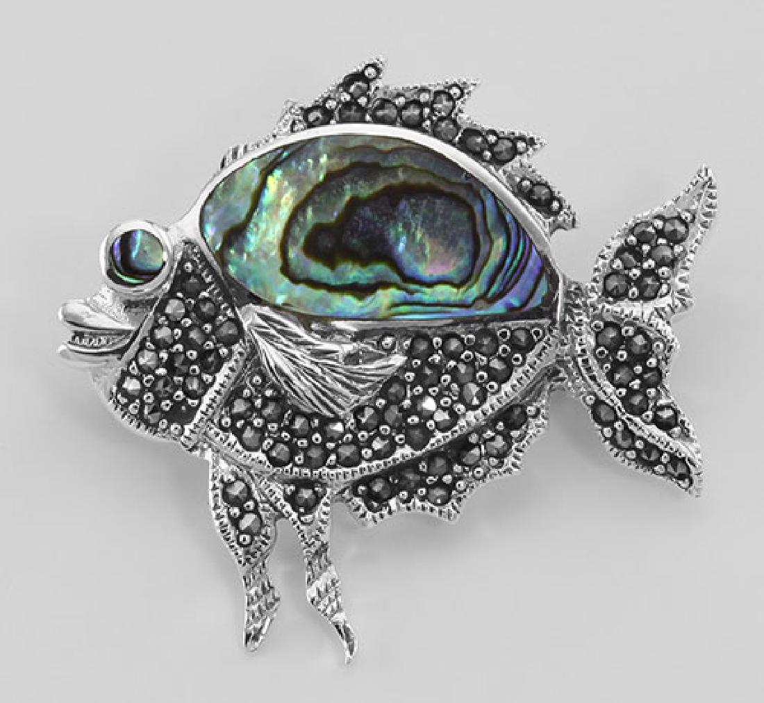 Cute Abalone Shell and Marcasite Fish Pin / Brooch - St: Cute Abalone Shell and Marcasite Fish Pin / Brooch - Sterling Silver **|**|** #P-50 This Sterling Silver Abalone Shell Grinning Fish Pin or Brooch with Marcasite measures approx. 1 3/8 inches H x 1 1/