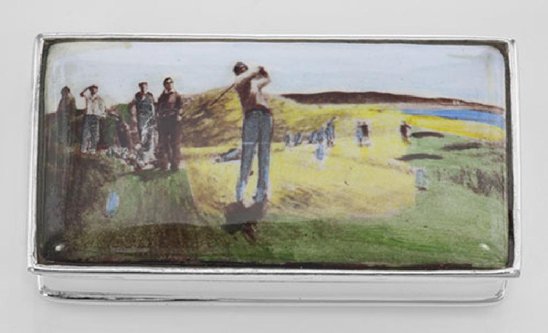 Porcelain Top Golf Pillbox - Sterling Silver Pill Box: Porcelain Top Golf Pillbox - Sterling Silver Pill Box **|**|** #X-300 Mens Gifts : Sterling Silver Porcelain Top Golf Pillbox / Pill Box - measures approx. 2 1/8 inches W x 1 1/8 inches front to back 