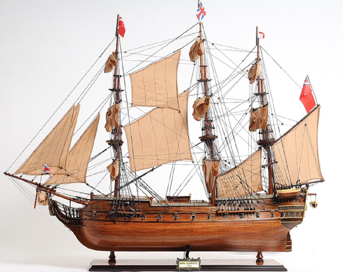 HAND MADE WOODEN HMS Surprise W/COA: HAND MADE WOODEN HMS Surprise W/COA **|**|** Dimensions: 80L x17W x 82H Our spectacular HMS Surprise model is handcrafted from beautiful wood such as rosewood mahogany teak and along with various othe