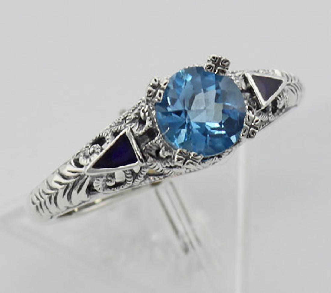 Art Deco London Blue Topaz Ring and Enamel - Sterling S: Art Deco London Blue Topaz Ring and Enamel - Sterling Silver **|**|** #FR-816-BT Antique Style Sterling Silver Filigree Ring with Genuine London Blue Topaz Gemstone and enamel accents. This ring featu