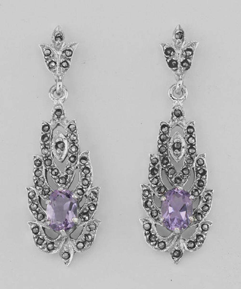 Amethyst Marcasite Drop / Dangle Earrings - Sterling Si: Amethyst Marcasite Drop / Dangle Earrings - Sterling Silver **|**|** #E-42-AM Sterling Silver Amethyst Marcasite Earrings. These earrings are new and a quality sterling silver antique reproduction. Th