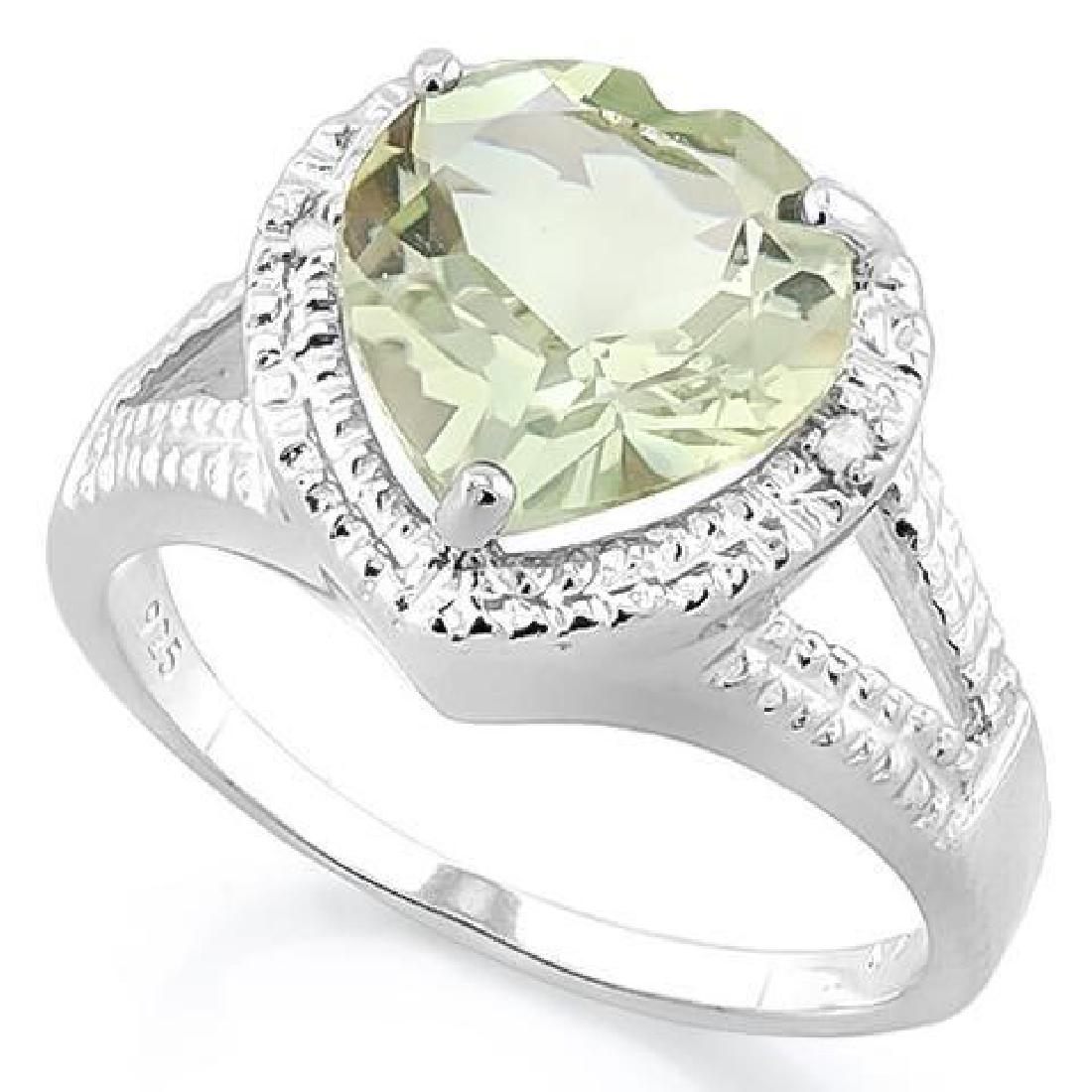 4.90 CT GREEN AMETHYST & 2 PCS WHITE DIAMOND PLATINUM O: 4.90 CT GREEN AMETHYST & 2 PCS WHITE DIAMOND PLATINUM OVER 0.925 STERLING SILVER RING **|**|** 4.90 CT GREEN AMETHYST 2 PCS WHITE DIAMOND PLATINUM OVER 0.925 STERLING SILVER RING #IRS36364