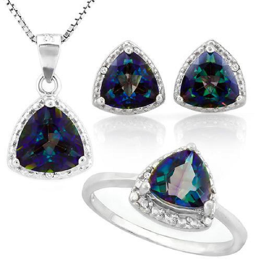 4 3/5 CARAT OCEAN MYSTIC GEMSTONE DIAMOND 925 STERLING: 4 3/5 CARAT OCEAN MYSTIC GEMSTONE DIAMOND 925 STERLING SILVER SET ( Ring Earring and Pendant) **|**|** Total Weight by Gram: 4.93-stone 1 carat: 0.025-stone 2 carat: 4.6 #IRS36392