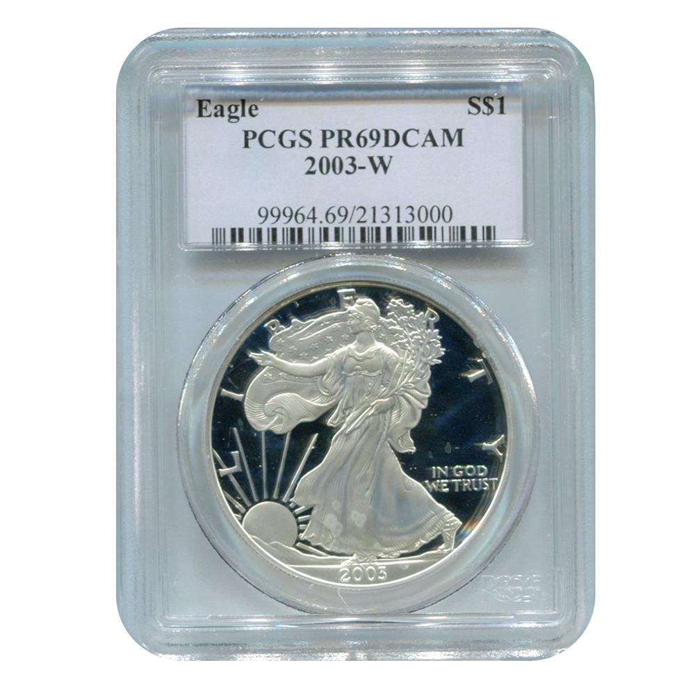 Certified Proof Silver Eagle 2003-W PR69DCAM PCGS: Certified Proof Silver Eagle 2003-W PR69DCAM PCGS **|**|** The Proof Silver Eagle isnt just a silver coin waiting to be a part of your silver bullion collection; its a coin that reveals US history tha