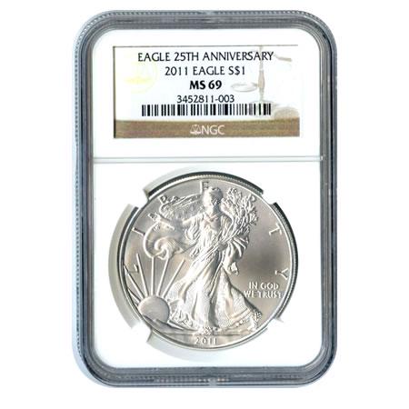 Certified Uncirculated Silver Eagle 2011 MS69: Certified Uncirculated Silver Eagle 2011 MS69 **|**|** Celebrate the American Silver Eagles 25th anniversary by switching your investment into the certified silver eagle collection. This not only ensu