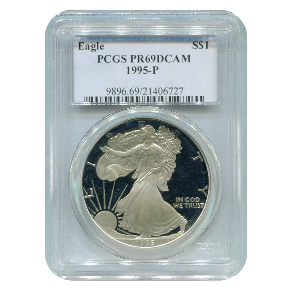 Certified Proof Silver Eagle 1995-P PR69DCAM PCGS: Certified Proof Silver Eagle 1995-P PR69DCAM PCGS **|**|** The 1995 Proof Silver Eagle has a mintage to catch your attention. Only 438511 proof silver eagles were minted in 1995 catching the attention