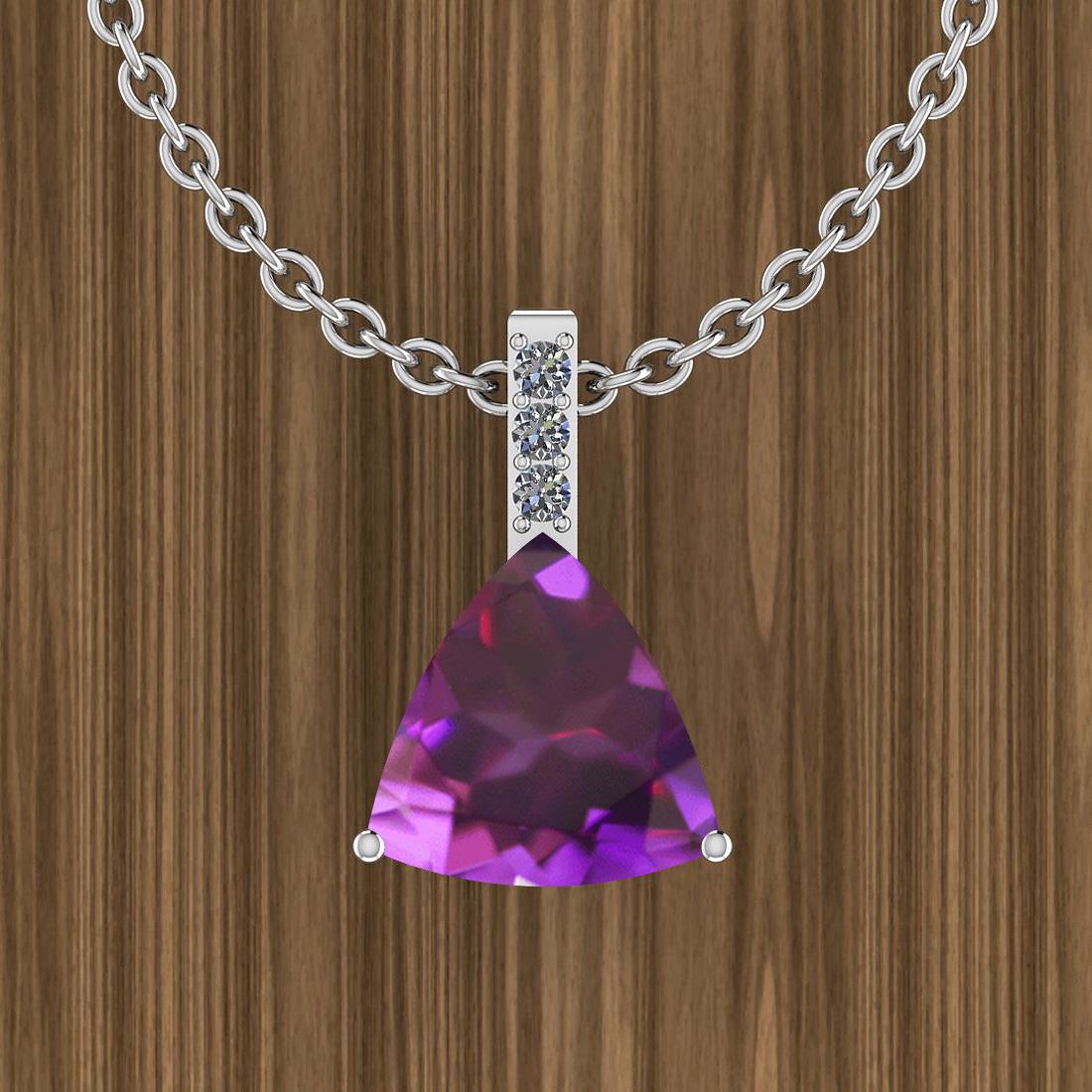Certified 8.41 Ctw Amethyst And Diamond I2/I3 14K White: Certified 8.41 Ctw Amethyst And Diamond I2/I3 14K White Gold Pendant Necklace **|**|** Center Stone Weight 8.21 Ctw (1 pcs Trillion) Center Stone Color: Amethyst Center Stone Setting: Prong Side Stone