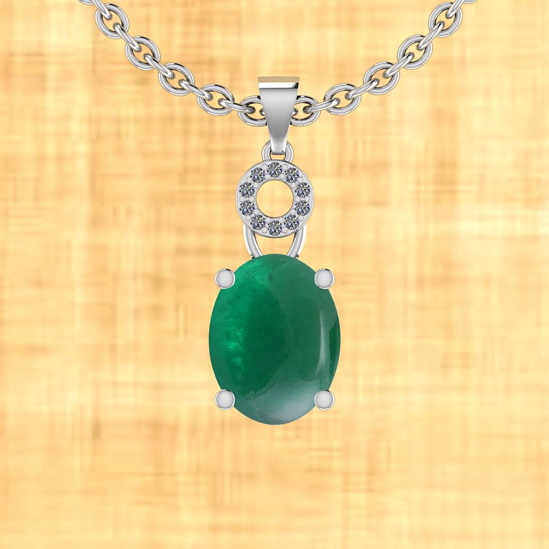 Certified 5.87 Ctw Emerald And Diamond I1/I2 18K White: Certified 5.87 Ctw Emerald And Diamond I1/I2 18K White Gold Pendant **|**|** Color Stone Approx Weight: 5.81 Ctw (1Pcs Oval) Center Stone Color: Cabochon Emerald Center Stone Setting: Prong Side Stone