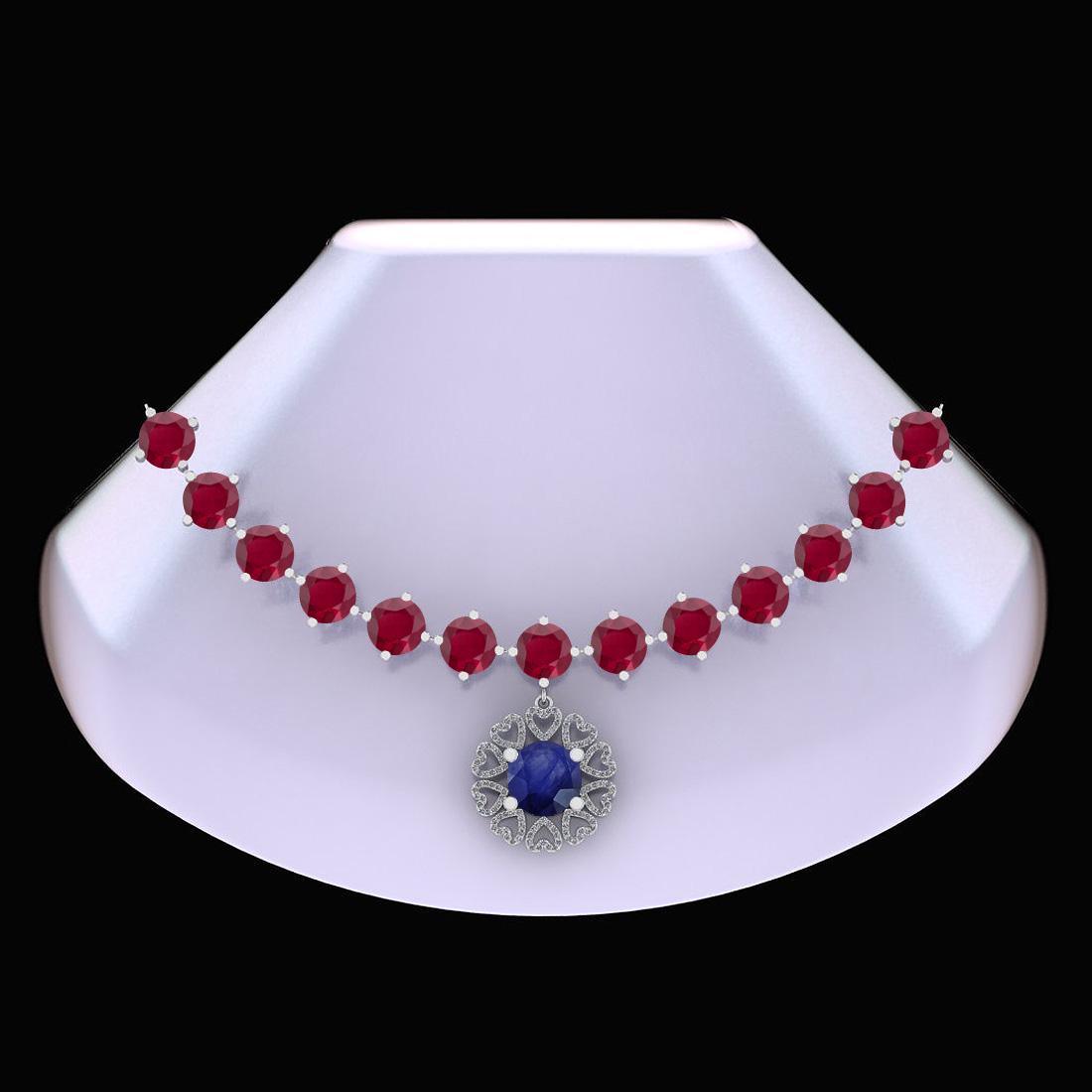 Certified 95.18 Ctw Ruby &Blue Sapphire And Diamond I2/: Certified 95.18 Ctw Ruby &Blue Sapphire And Diamond I2/I3 14K White Gold Necklace -- Center Stone Approx Weight: 6.84 Ctw (1 pcs Round) Center Stone Color: Blue Sapphire Center Stone Setting: Prong Co