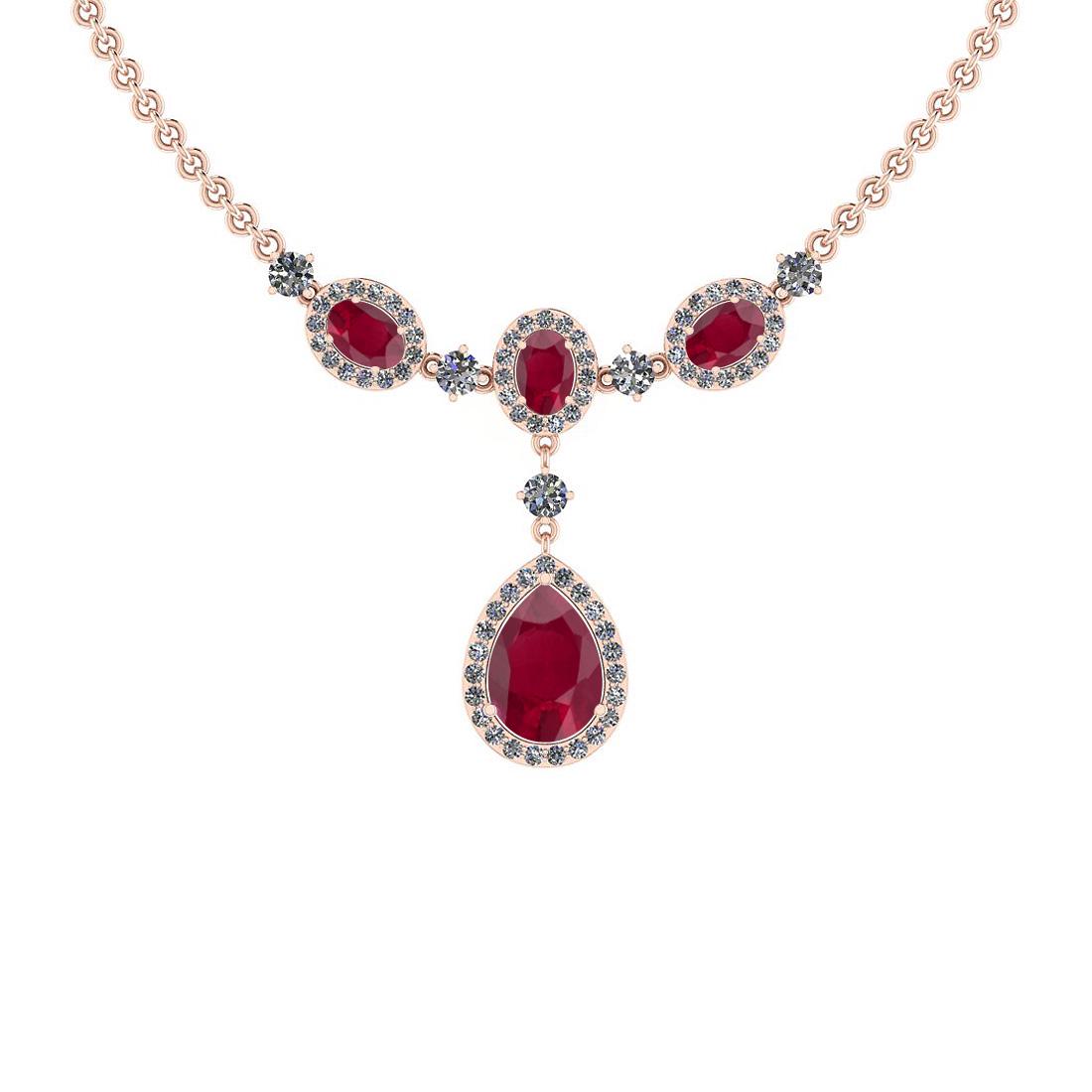 Certified 9.35 Ctw I2/I3 Ruby And Diamond 14K Rose Gold: Certified 9.35 Ctw I2/I3 Ruby And Diamond 14K Rose Gold Necklace -- Center Stone Approx Weight: 6.65 Ctw (Pear& Oval) Center Stone Color: Ruby Center Stone Setting: Prong Side Stone 2.70 Ctw Side Ston