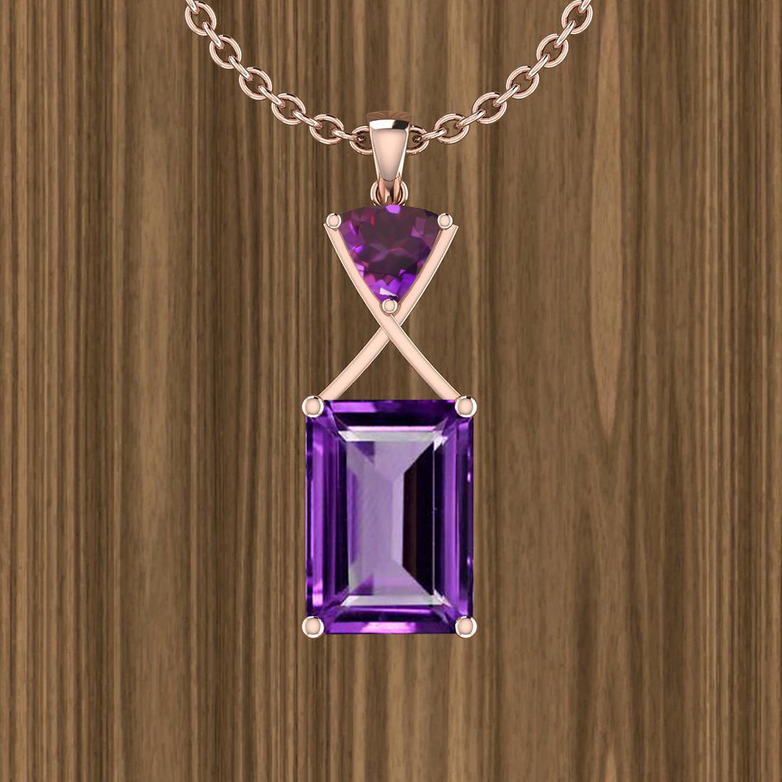 Certified 6.38 Ctw Amethyst 14K Rose Gold Pendant Neckl: Certified 6.38 Ctw Amethyst 14K Rose Gold Pendant Necklace -- Center Stone Approx Weight: 6.38 Ctw (2 pcs Emerald Octo & Trillion) Center Stone Color: Amethyst Center Stone Setting: Prong Metal Approx