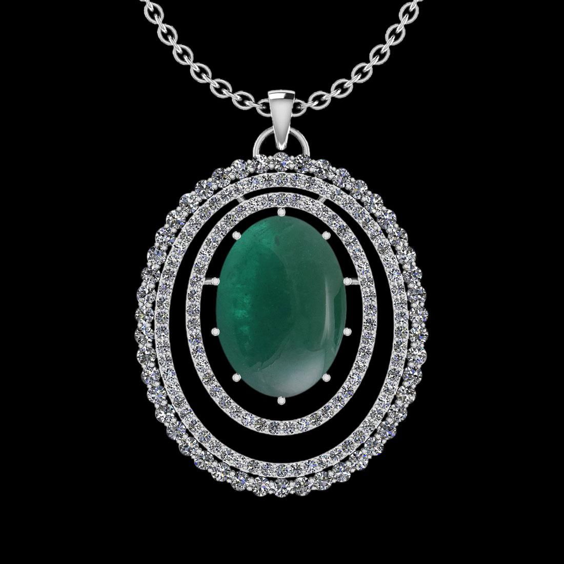 26.35 Ctw SI2/I1 Emerlad And Diamond 14K White Gold Vin: 26.35 Ctw SI2/I1 Emerlad And Diamond 14K White Gold Vintage Style Necklace -- Center Stone Weight : 21.02 Ctw (Oval Cab) Center Stone Color :-Emerlad Center Stone Setting : Prong Side Stone Weight Of