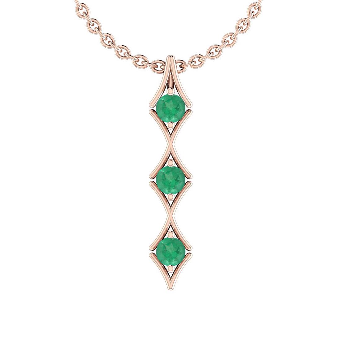 Certified 0.75 Ctw Emerald 14K Rose Gold Pendant Neckla: Certified 0.75 Ctw Emerald 14K Rose Gold Pendant Necklace -- Color Stone Approx Weight: 0.75 Ctw (3 pcs Round) Center Stone Color: Emerald Center Stone Setting: Prong Metal Approx Weight: 2.10 Gram 14