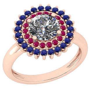 Certified 1.87 Ctw Ruby & Blue Sapphire And Diamond SI2: Certified 1.87 Ctw Ruby & Blue Sapphire And Diamond SI2/I1 14K Rose Gold Halo Ring -- Center Stone Approx Weight: 1.30Ctw (1 Pcs Round) Center Stone Color: White G-H Diamond Center Stone Clarity: