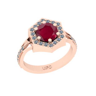 1.63 Ctw I2/I3 Ruby And Diamond 14K Rose Gold Engagemen: 1.63 Ctw I2/I3 Ruby And Diamond 14K Rose Gold Engagement Halo Ring -- Center Stone Weight : 1.25 Ctw (Round Cut ) Center Stone Color : Ruby Center Stone Setting : Prong Side Stone Weight Of Ctw 0.38