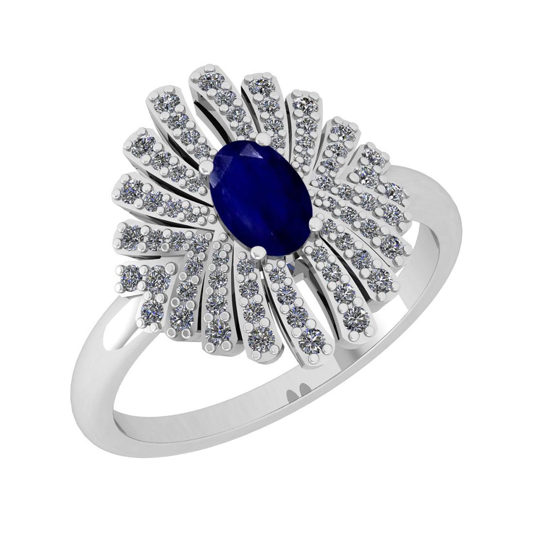 1.15 Ctw SI2/I1 Blue Sapphire And Diamond 14K White Gol: 1.15 Ctw SI2/I1 Blue Sapphire And Diamond 14K White Gold Vintage Style Ring -- Center Stone Weight : 0.70 Ctw (1 Psc Oval ) Center Stone Color : Blue Sapphire Center Stone Setting : Prong Side Stone W